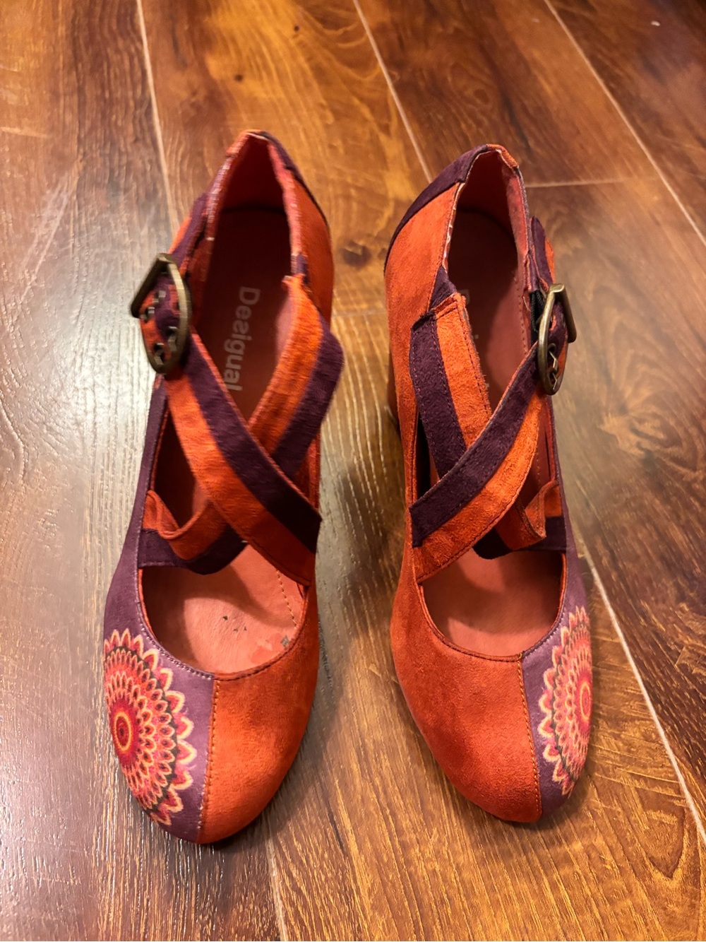 Desigual EU 38 Floral Mary Jane Pumps Orange Purple Criss Cross Boho Heels